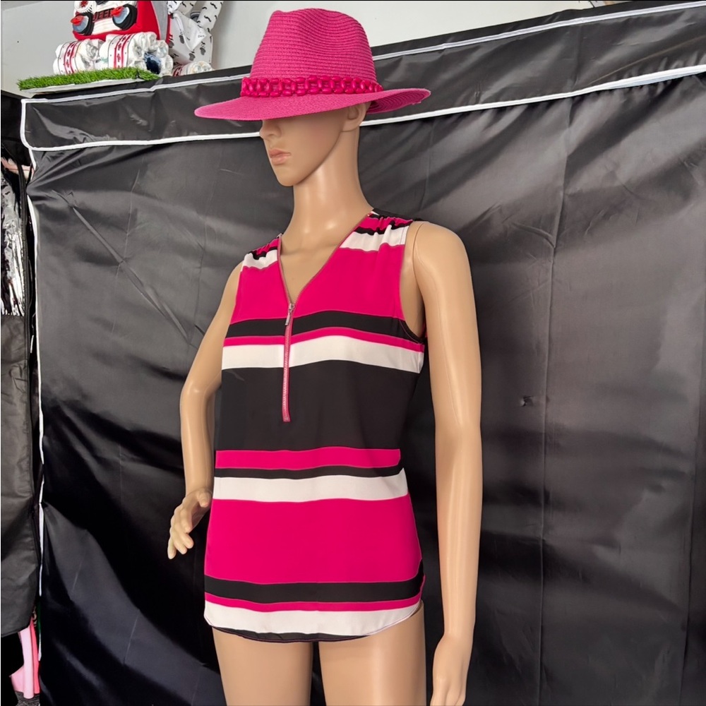 INC International Concepts Pink and Black Striped V-Neck Zipper Blouse
